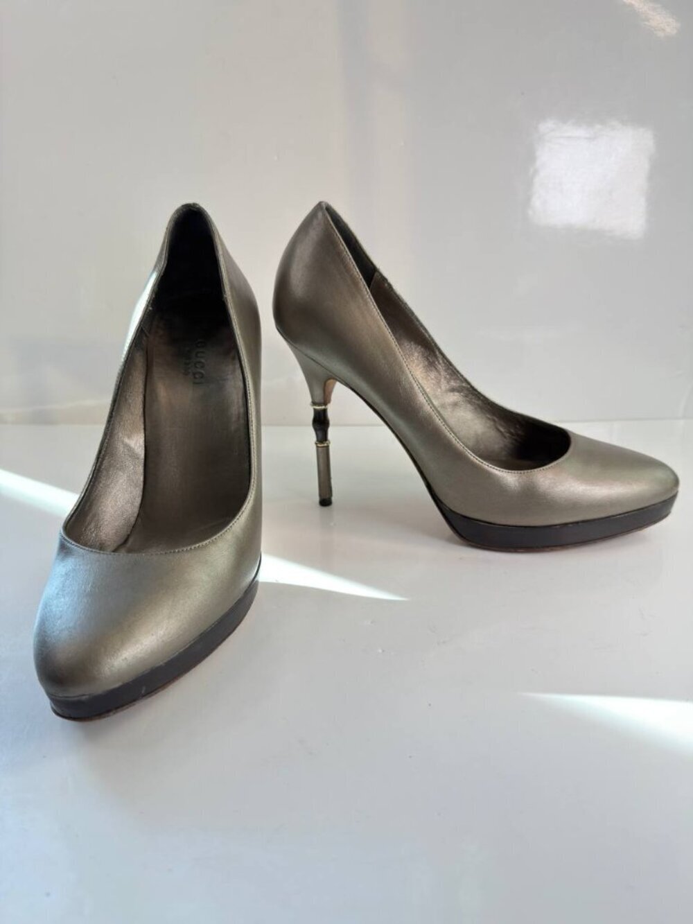 Gucci Metallic Gunmetal Gray Leather High Heel Pumps
